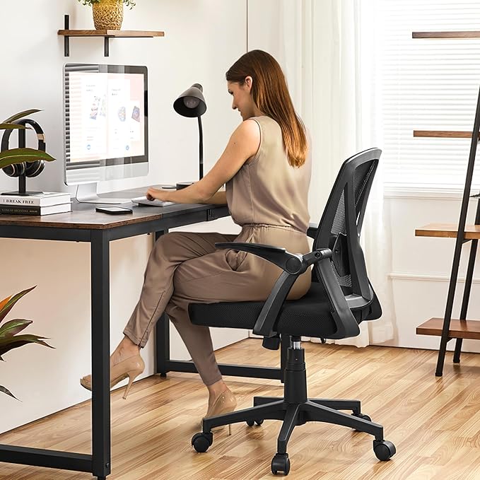 Yaheetech Home Office Chair Work Desk Chair Swivel Computer Mesh Chair with Flip-up Arms Adjustable Height Lumbar Support Executive Office Task Chair for Home Office Students Study, Black