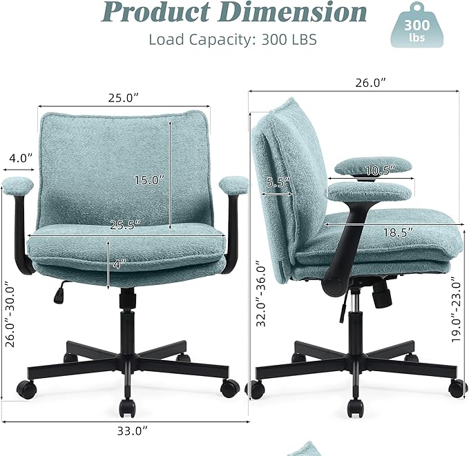 Criss Cross Legged Office Chair with Wheels and Flip-Up Arms, Upholstered Criss Cross Desk Chair, Wide Seat Chairs for Home Office, Vanity, Apartment, Light Green