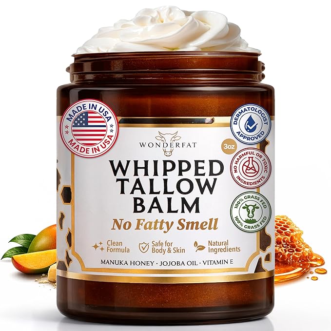 Grass-Fed Whipped Tallow Balm, Face and Body Moisturizer with Manuka Honey, Fragrance Free Tallow Moisturizer for Sensitive Skin, Lightweight Tallow Cream, 3 oz