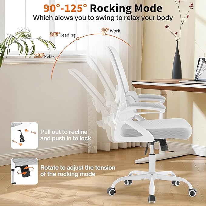 Ergonomic Office Chair,Mesh Office Chair with Lumbar Support,Mid Back Desk Chair with Flip-up Arms,400 lbs Comfy Computer Chair for Home Office (Light Grey)