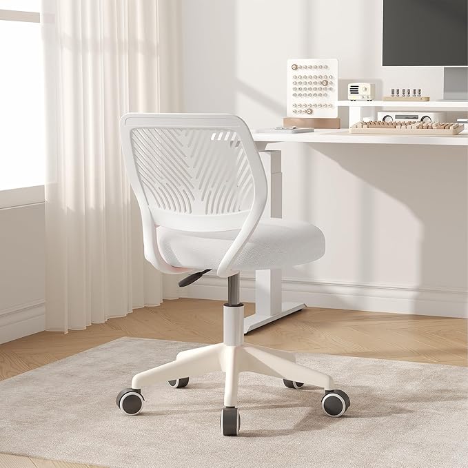 Armless Desk Chair Swivel Office Rolling Chair with Soft Padded Cushion, Height Adjustable Small Task Chair, Ergonomic Study Computer Chair for Kids Girls Boys Teens (White, 1PC)