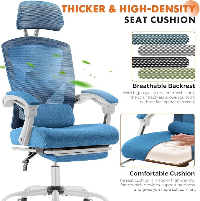 Sweetcrispy Office Computer Desk Chair Set of 2, Ergonomic High-Back Mesh Rolling Work Swivel Chairs with Wheels, Comfortable Lumbar Support, Comfy Arms for Home, Bedroom, Study, Student, Blue