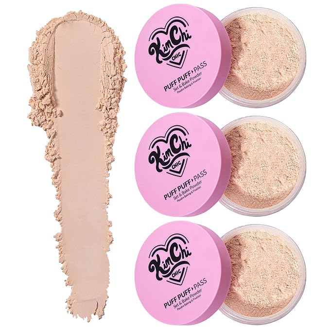 KimChiChic Beauty Puff Puff Pass Set & Bake Setting Powder for Makeup, Extra Fluffy Loose Face Powder Poof, Soft Natural Face Makeup for Uneven Skin Tone, 03 Translucent (Pack of 3)