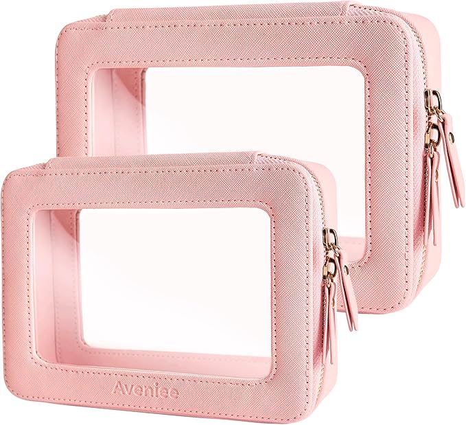 Aveniee Clear Makeup Bag Organizer Set,Portable Travel Toiletry Case for Women, Vegan Leather Cosmetic Pouch Car Bag for Essentials 2pcs,Middle & Large,Pink