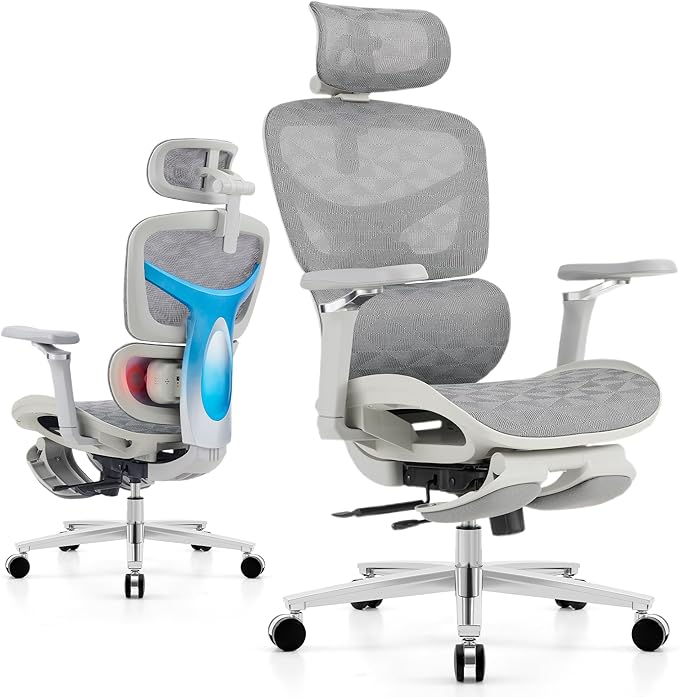 Ergonomic Office Chair with Footrest & Massage Lumbar Support – Adjustable Seat Depth & Back Height Reclining Big and Tall 400LBS Mesh Chair, 4D Headrest & 6D Armrests, for Home Office/Gaming(Gray)