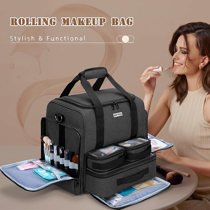BAFASO Rolling Makeup Case with 3 Removable Pouches and 1 Makeup Brush Bag, Professional Makeup Train Case Cosmetic Bag with Detachable Dolly (Patented), Black