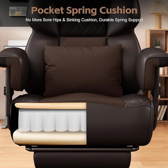 Vonesse Big and Tall Office Chair, Desk Chair with Soft Adjustable Armrests, Ergonomic High Back Gaming Chair with Lumbar Support, Executive Computer Chairs with Footrest (PU Leather, Brown)