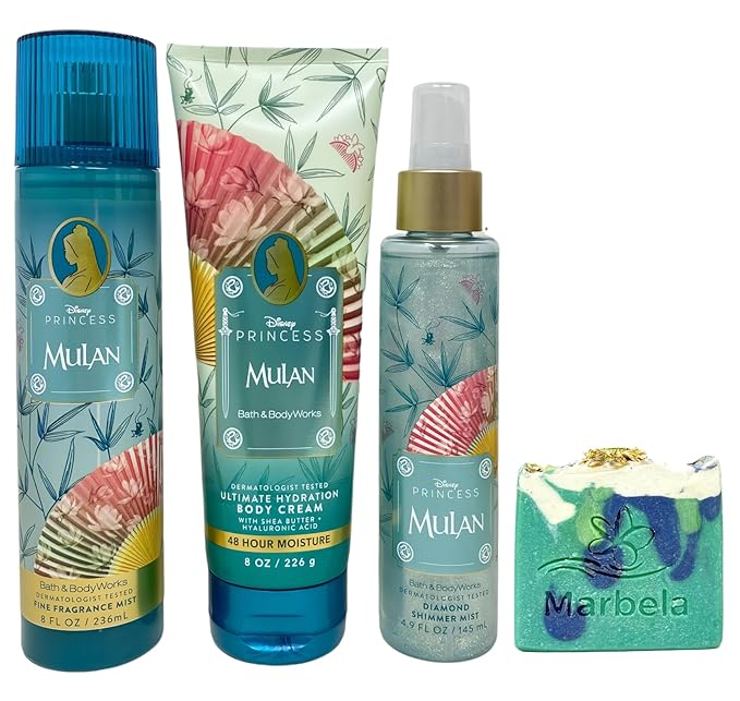 Bath & Body Works Limited Edition Princess Collection Mulan Fine Fragrance Mist, Ultimate Hydration Body Cream and Diamond Shimmer Mist with an Aloe Vera Bar Soap