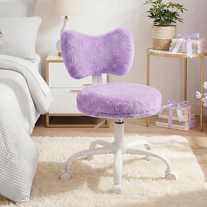 Vanity Chair with Wheels, Cute Desk Chair with Bow Backrest, Fluffy Faux Rabbit Fur Small Office Chair for Vanity, Make-up Room, Bedroom, Dorm, Height Adjustable, Purple