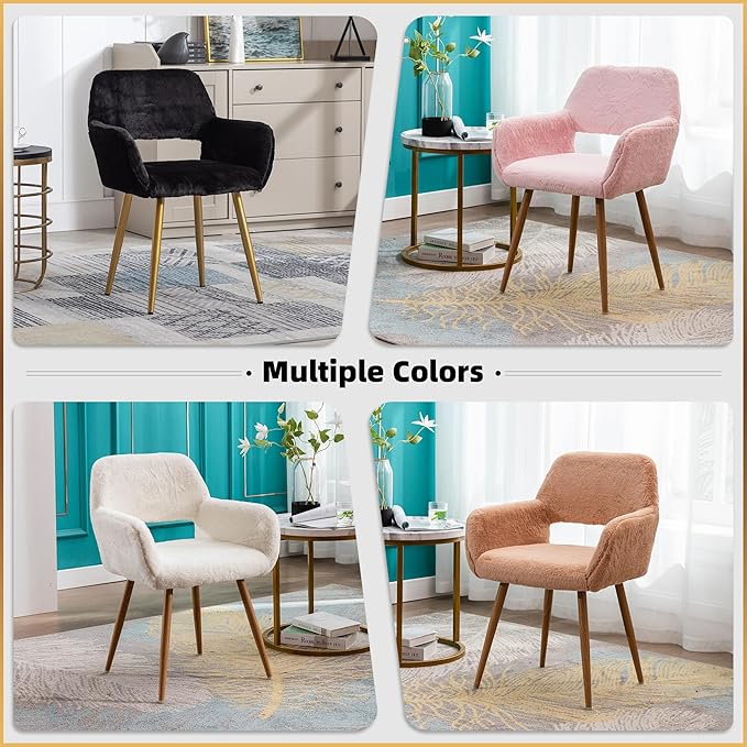 Furry Desk Chair Set of 2, Modern Home Office Chair Without Wheels, Faux Fur Vanity Chair with Hollow Backrest, Comfy Armchair Wood Frame with Strudy Metal Legs, Pink