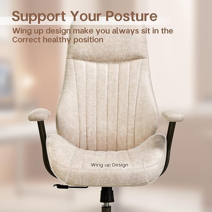 HOOOWOOO Faux Suede Leather Home Office Chair,MCM Modern Ergonomic Task Work Chair,Computer Desk Chair with Cushion Seat Lumbar Support Reclining High Back for Long Hours(Beige)