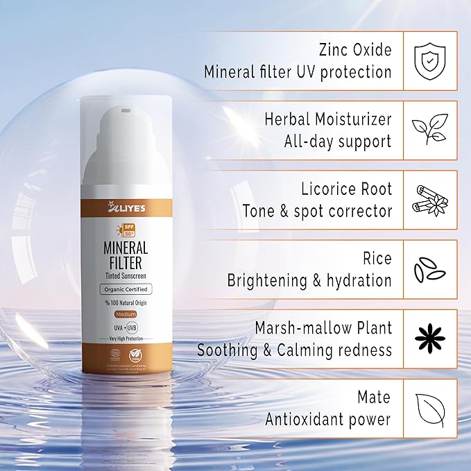 Aliye’s Tinted Organic Sunscreen SPF 50+ | Ecocert Cosmos Certified | 100% Mineral & Vegan Sun Protection | Safe for Sensitive Skin | 50ml (Medium)