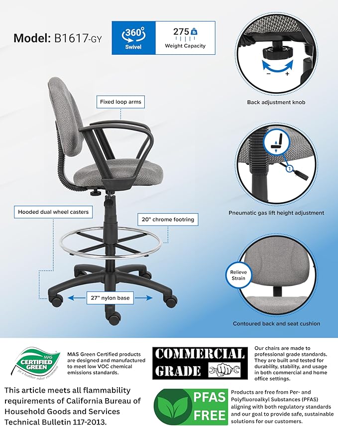 Boss Office Products B1617-GY Ergonomic Works Drafting Chair with Loop Arms in Grey