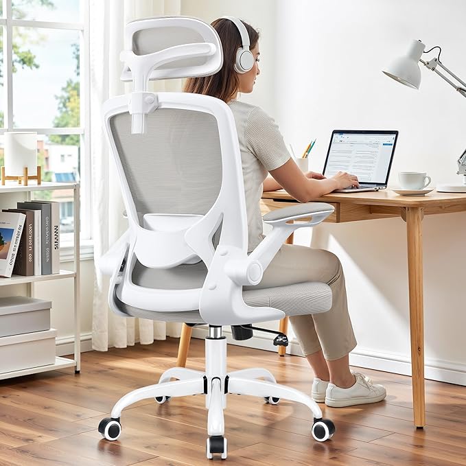 Office Chair Ergonomic Desk Chair, Breathable Mesh Office Chairs with Adjustable Lumbar Support, Flip-Up Arms, Computer Desk Chair Comfy for Home Office, Light Gray