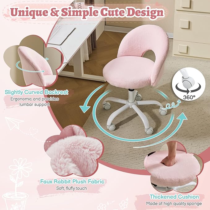VINGLI Small Vanity Chair with Faux Fur Wheels for Girls,Cute Adjustable Height Armless Office Desk Chair,360°Swivel Comfy Rolling for Study,Make up Room,Small Space,Light Pink