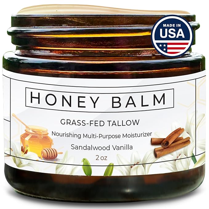 Tallow Honey Balm, Organic Body Butter, Grass-Fed Beef Tallow for Skin, Soothing All-Natural Moisturizer for Body and Face | Made in USA - 2 oz (Sandalwood Vanilla)