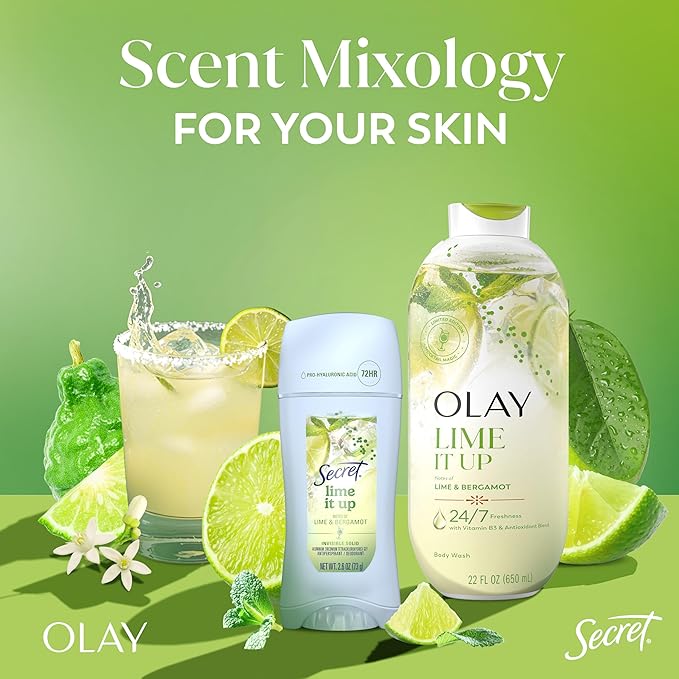Olay Body Wash for Women, 24/7 Skin-Loving Freshness, Miami Mocktails, Plant Based Cleansers, Vitamin B3 & Antioxidant Blend, For All Skin Types, Lime It Up with Lime & Bergamot Scent, 22 fl oz