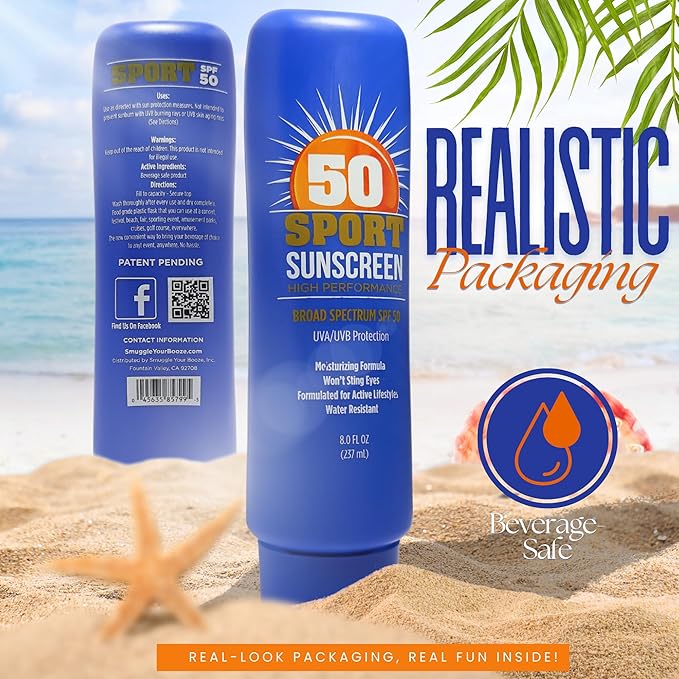 Hidden SPF50 Sunscreen Lotion Flasks 2 Pack by Smuggle Your Booze - 5 Tamper-Proof Seals | Discreet Plastic Flask for Liquor Disguise for Cruises, Travel, Concerts, Festivals | 10 oz Each |