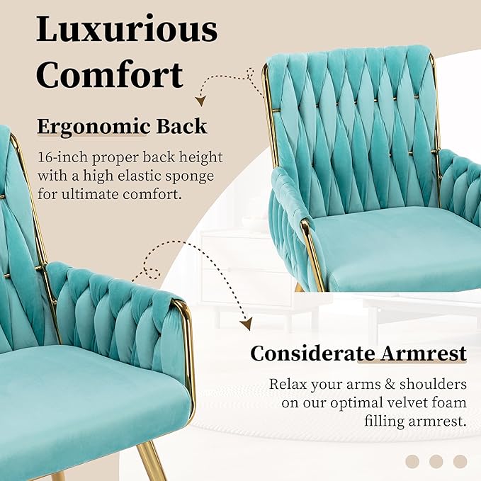 ABET Office Desk Chair No Wheels, Woven Velvet Vanity Chair with Back & Armrest, Comfy Upholstered Cute Gold Metal Legs Makeup Aesthetic Armchair for Girls & Women Bedroom, Nail Spa, Light Blue