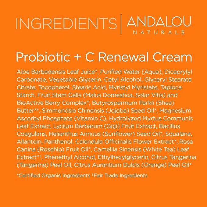 Andalou Naturals Probiotic + Vitamin C Renewal Cream - Complexion Enhancing Hydrating Face Moisturizer - Helps Promote Firmer Skin & More Even Tone - Lightweight, Non-Greasy Formula - 1.7 Oz