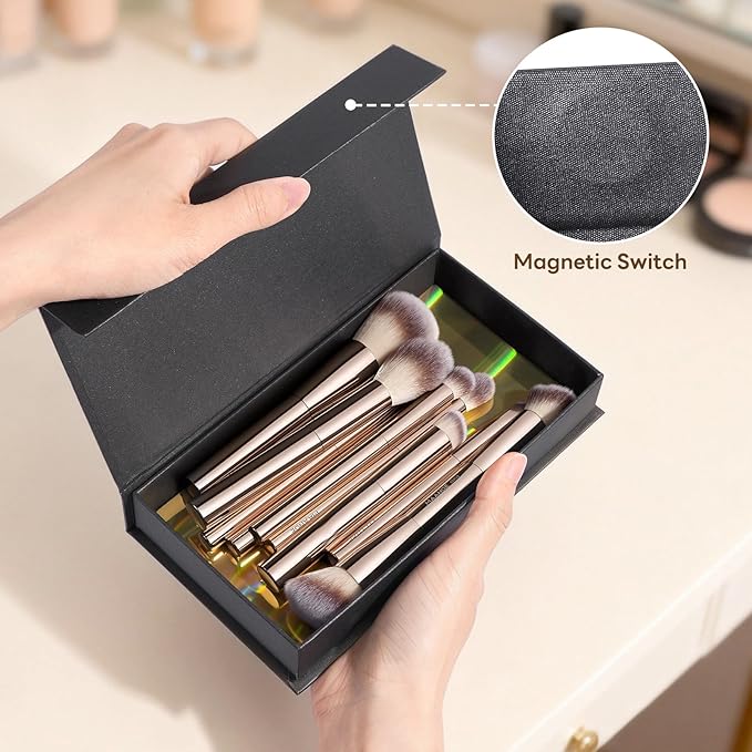 10 Pcs MAANGE Travel Makeup Brush Set with Magnetic case, Premium Synthetic Short Handle Brushes for Foundation, Powder, Concealer, Eye Shadows, Makeup Brush Tools Set(Champagne)