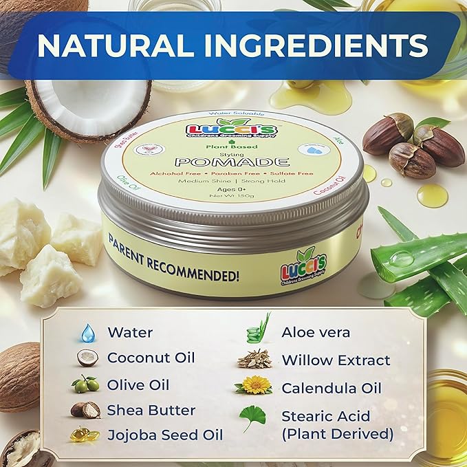 LUCCI’S CHILDRENS GROOMING SUPPLY Baby Hair Gel – 5oz Plant-Based Styling Hair Pomade for Infants – No Parabens or Sulphates – Medium Shine and Strong Hold Hair Paste for Kids