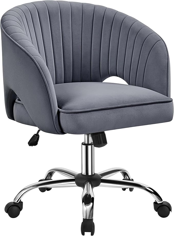 Yaheetech Home Office Chair Velvet Desk Chair, Upholstered Modern Swivel Chair with Tufted Barrel Back, Rolling Wheels for Office, Study, Vanity, Bedroom Dark Gray