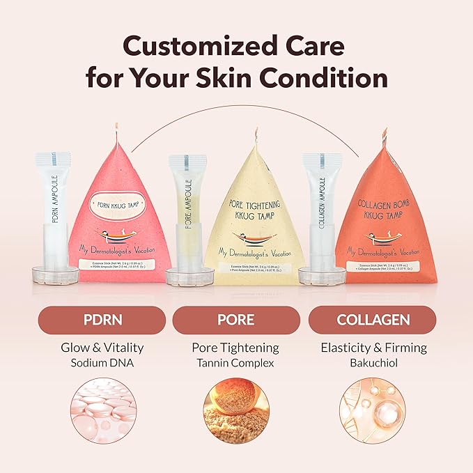 My Dermatologist's Vacation, PDRN, PORE TIGHTENING, COLLAGEN BOMB KKUG TAMP – Double-Acting Beauty Device with Micropoint ESSENCE STICK & AMPOULE, Korean Skincare Facial Serum Kit Single-Use Sets