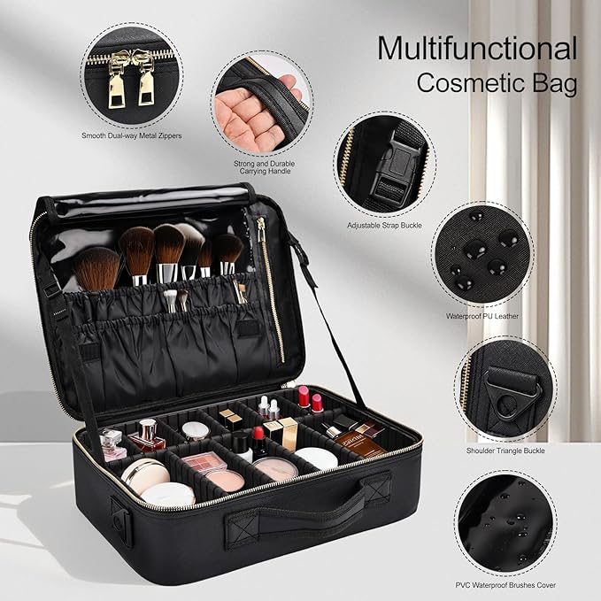 Travel Makeup Bag with Brush Holder, Professional Cosmetic Train Case Organizer, Portable Travel Makeup Brush Carry Case Artist Storage Box with Adjustable Dividers and Shoulder Strap, Leather Black