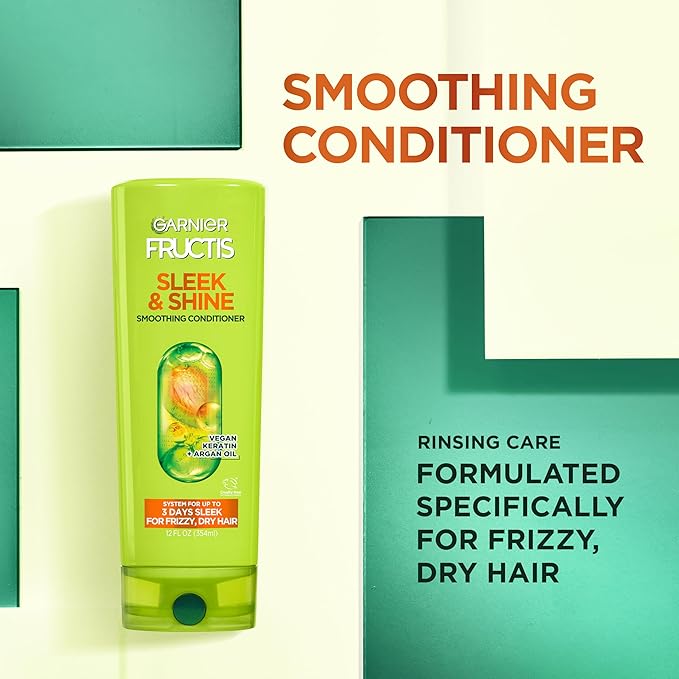 Garnier Fructis Sleek & Shine Conditioner, Smoothing Conditioner for Frizzy, Dry Hair with Argan Oil and Vegan Keratin, 33.8 Fl Oz (Packaging May Vary) (Pack of 2)