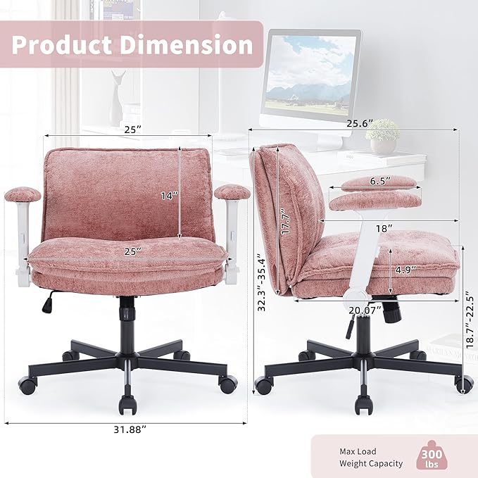 Cross Legged Office Chair, Height Adjustable Swivel Desk Chair with Flip-Up Arms, Padded Criss Cross Chair for Home Office & Bedroom