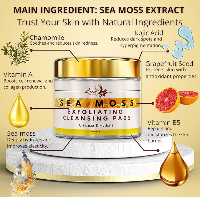Seamoss Cleansing Pads for Acne Treatment - Gentle Exfoliation, Natural with Aloe Vera, Salicylic Acid - Acne Clearing, Skin Pore Resurfacing, Toner Pads, Hydrating, Peel Pads - 30 Pack