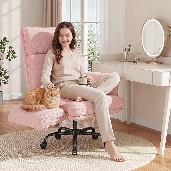 Big and Tall Office Chair with Adjustable Armrests & Wheels，145° Reclining Desk Chair Comfy,Pink Vanity Chair for Home,Office,Bedroom,Teddy Plush