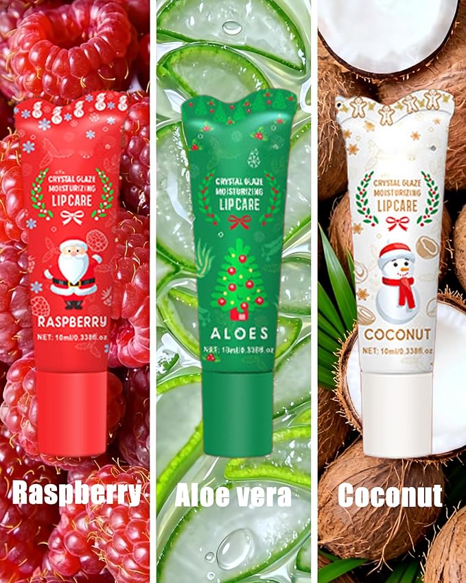 Christmas Moisturizing Lip Balm Gift Set,3 Pcs Hydrating Lip Oil Gloss for Dry Cracked Lips,Non-sticky Long Lasting Clear Jelly Yummy Tint Lipstain Fruit Flavoured Glow Lipcare Oil Women Makeup Gift