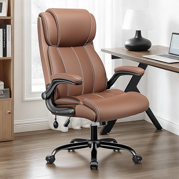 Ergonomic Office Chair - Home Desk Computer Chair, Leather High Back Executive Chairs with Adjustable Lumbar Support & Flip-up Arms, Rocking Swivel Comfy, Brown 4 Pack