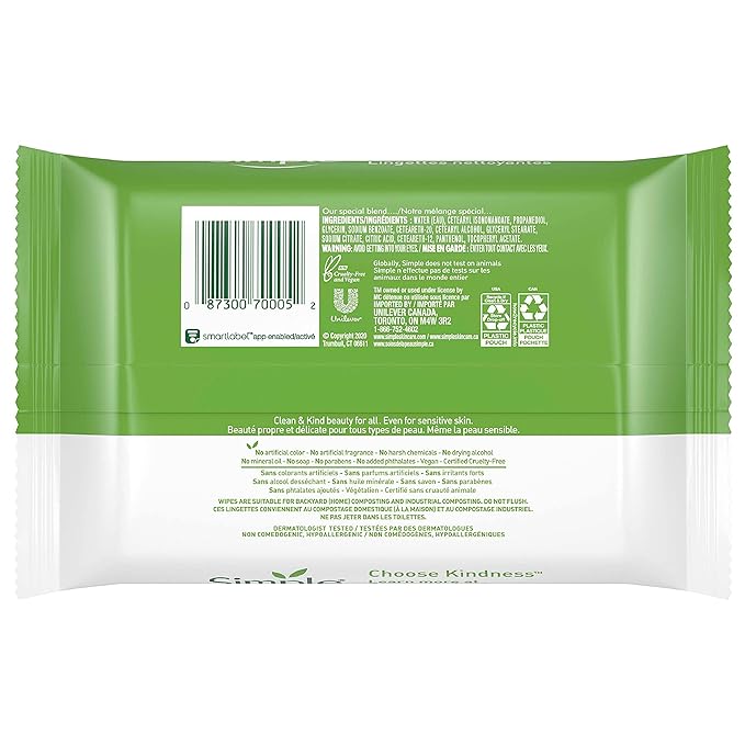 Simple Kind to Skin Facial Wipes Gentle and Effective Makeup Remover Cleansing Free from color and dye artificial perfume and harsh chemicals 25 Wipes, Pack of 2