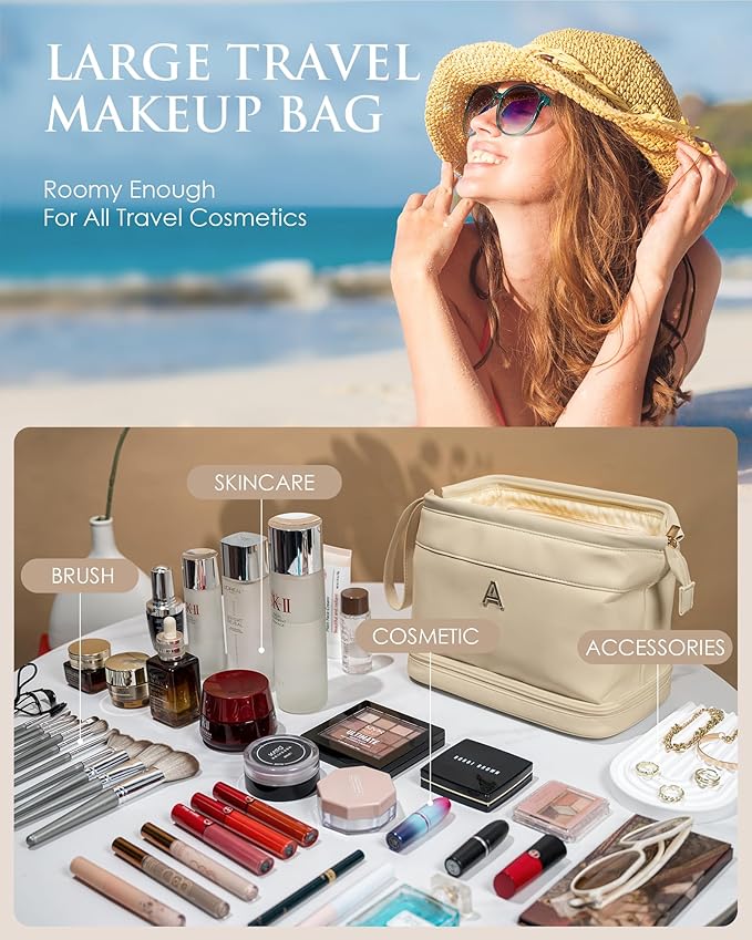 Gifts for Her - Initial Large Makeup Bags, Personalized Double Layer Cosmetic Bags with Makeup Brush Organizer, Waterproof PU Leather Travel Toiletry Bags for Wedding & Bridesmaid Gifts