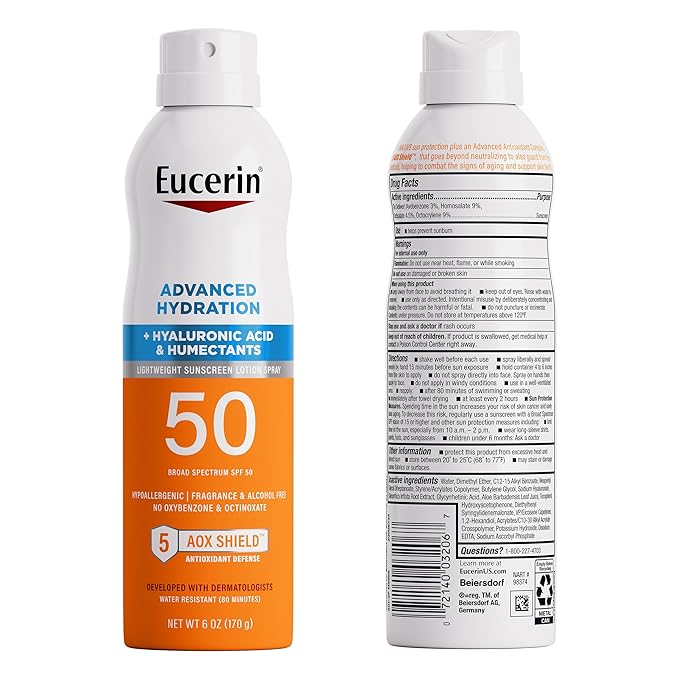Eucerin Advanced Hydration SPF 50 Sunscreen Spray, Lightweight Spray Sunscreen with Hyaluronic Acid and Humectants, Hypoallergenic, Fragrance and Alcohol Free, 6 Oz Bottle