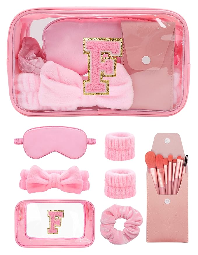 Gift Sets for Women, Initial Makeup Bag with Makeup Brush Set Bachelorette Party Favors, Pink Spa Kit with Skincare Headbands Wrist Bands Sleepover Party Supplies Gifts for Teen Girls Bridesmaid F