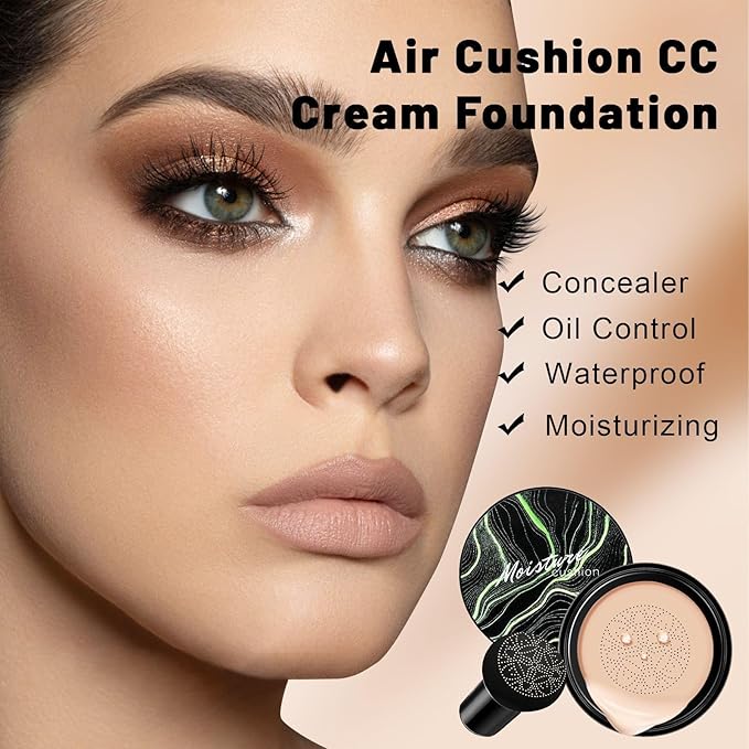 Mushroom Head Air Cushion CC Cream - BB Cream Face Makeup for Mature Skin, Moisturizing Cover Balm Foundation & Long-Lasting Color Correcting Concealer, Even Skin Tone for All Skin (Medium Brown)