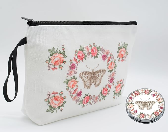 Personalized butterfly floral Makeup Bag set with Mirror for Women, white Butterfly travel Cosmetic bag kit Bride Bridesmaid with pink brush set,Butterflies Gifts for Women Mom femal Friends