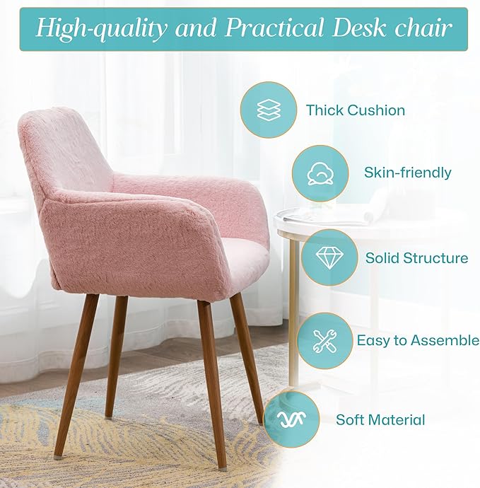 Home Office Faux Fur Desk Chair, Fluffy Makeup Vanity Chair, Comfy Accent Armchair with Wood Grain Metal Legs, Cute Dining with Hollowed Back, Pink