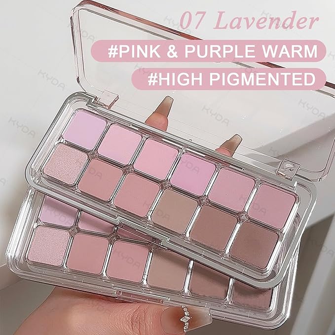 KYDA 12 Colors Lavender Eyeshadow Palette with Brush, High Pigment Matte Shimmer Pink Purple Brown Eye Shadow, All-In-One Eyes Palette for Women, Soft Blendable Powder Eyeshadow, Korean Eyes Makeup