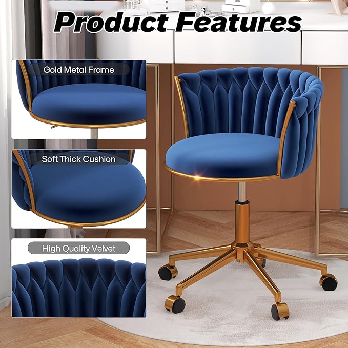 Velvet Woven Home Office Chair, Modern Swivel Desk Chair with Wheels, Height Adjustable Vanity Chair with Gold Metal Base and Hand Weaving Back for Bedroom Study Small Space, Navy Blue