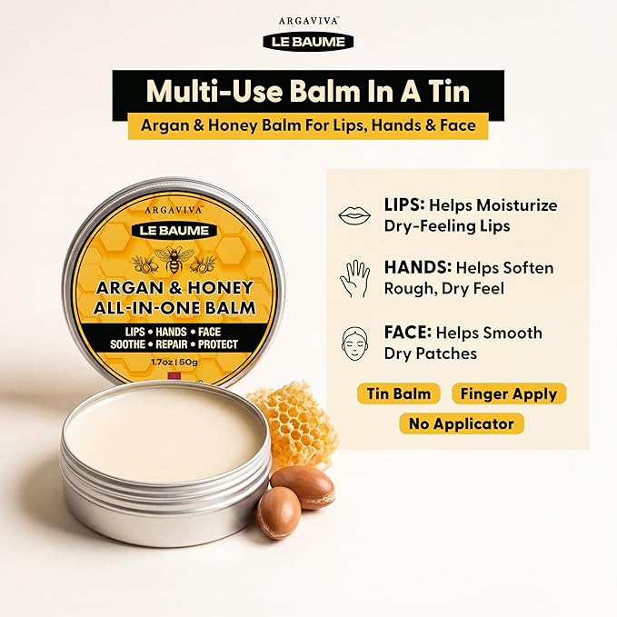 Le Baume French Lip Balm Lip Moisturizer in Tin, Moroccan Argan Oil and Honey, All-In-One Multi-Use Skin Balm for Chapped Lips Hands Face, Waterless, Non-Greasy, Travel Friendly, 1.7 Oz