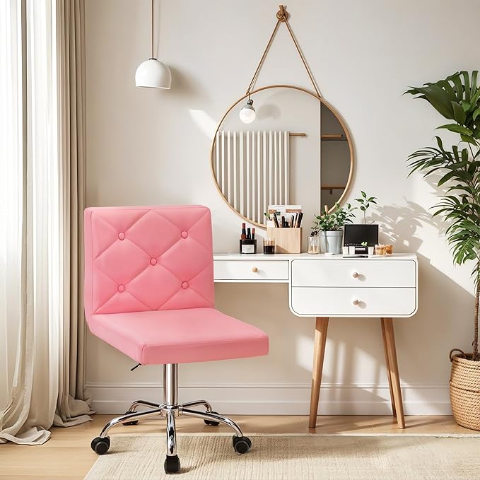 VECELO PU Leather Mid-Back Armless Vanity Chair Adjustable Height 360° Rolling Swivel for Home Office Work