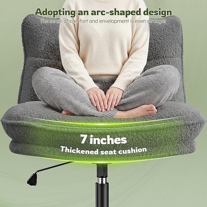 Criss Cross Chair with Wheels, 7" Extra Thick Cross Legged Office Chair, Height Adjustable Swivel Design for Home Office, Study & Vanity,Gery