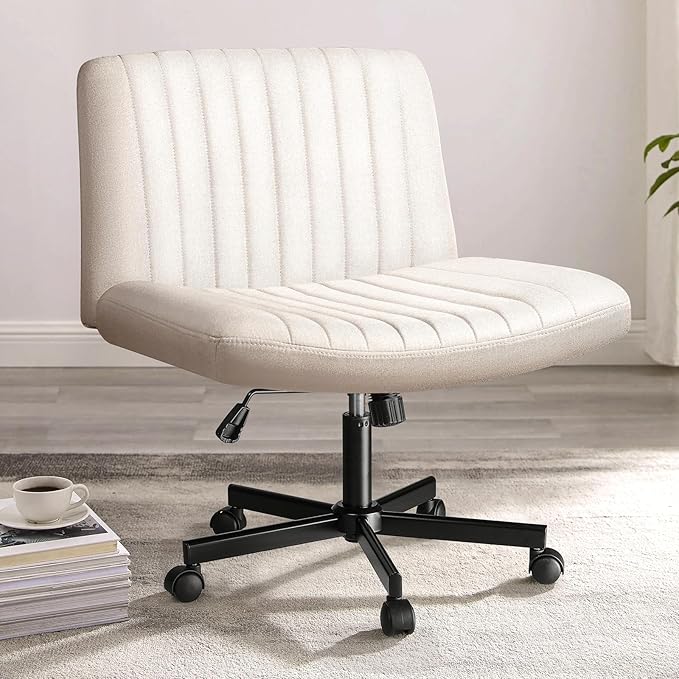 PUKAMI Criss Cross Chair,Comfy Cross Legged Office Desk Chair No Wheels,Modern Fabric Swivel Adjustable Height Mid Back Wide Seat for Home Office Computer (Beige with Wheels)