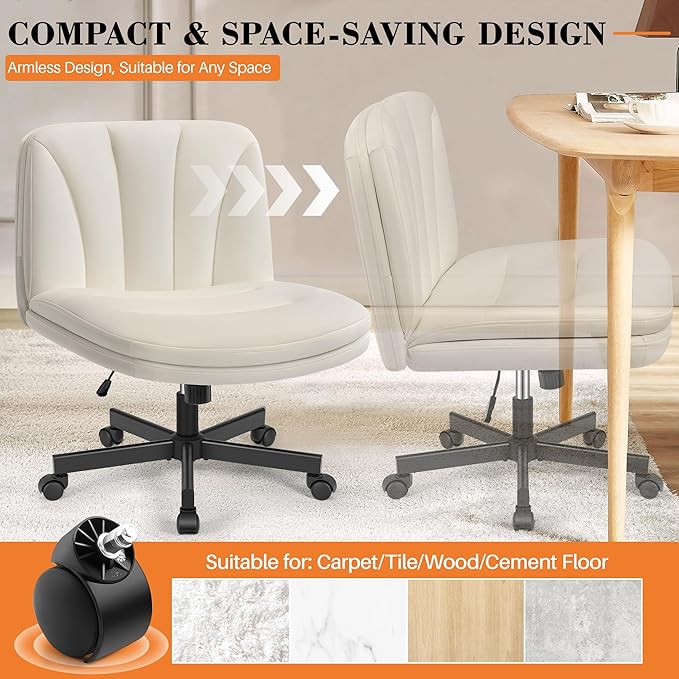 FelixKing Criss Cross Chair with Wheels, Cross Legged Office Chair, Armless Wide Vanity Desk Chair with Comfty PU Leather & Back - Swivel Height Ajustable for Home Office Bedroom, Pearl White