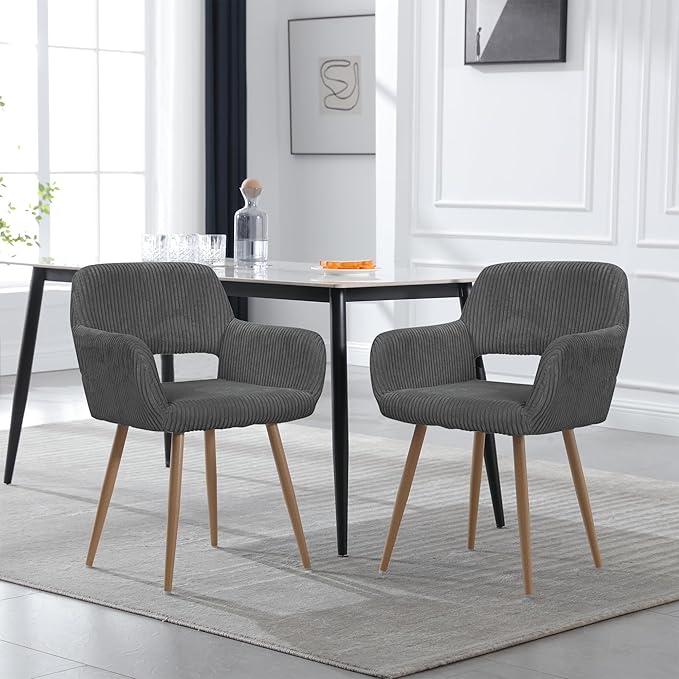 KCC Small Modern Dining Room Arm Chairs Set of 4, Mid-Century Upholstered Corduroy Fabric Side Seat Club Guest with Metal Tube Legs for Kitchen, Living Room, Gray